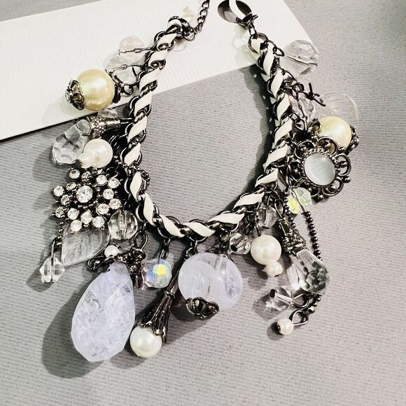 Art Glass Dangle Charm Bracelet Faux Pearl Leather Lilac Rhinestone Dangle - Picture 9 of 12